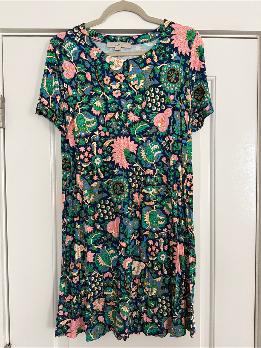 LOFT Navy Floral Paisley Short Sleeve Dress with Pink & Green Accents